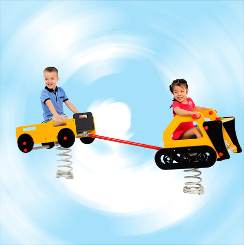 Two-person spring toy with bulldozer trailer